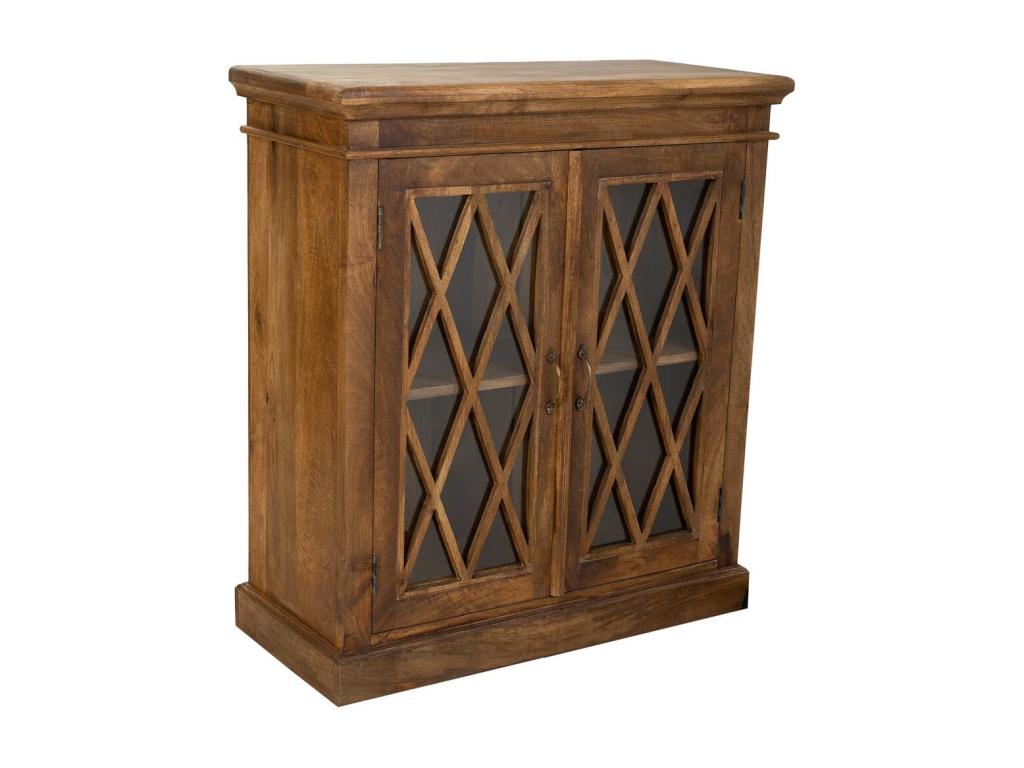 Hand-finished wood and glass hall with 2 brown doors, 90x40x100 cm, GQOW06297