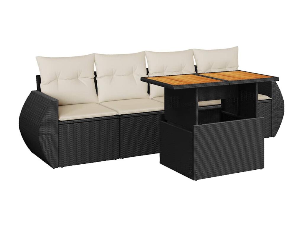 5-piece garden furniture set with cushions, black woven resin URKK57711