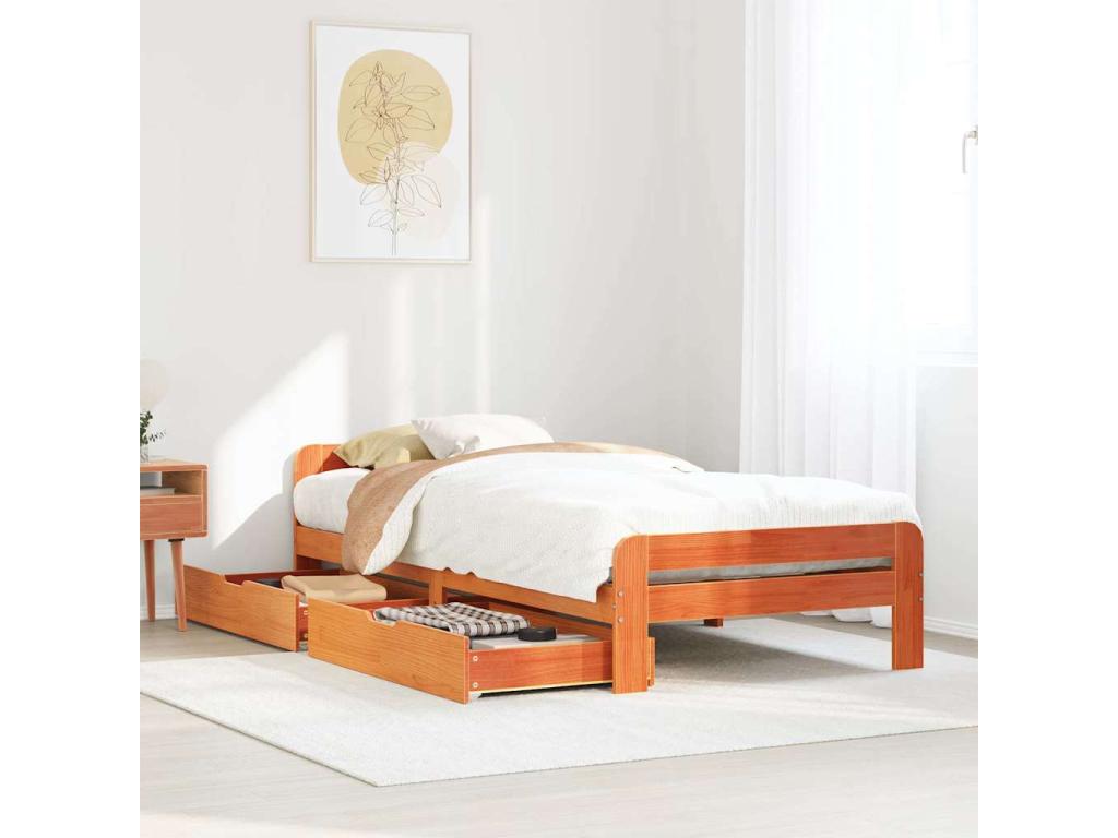 Bed frame without mattress, brown wax finish, 90x200 cm, solid pine wood, KSUO17402