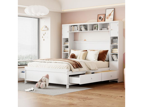 White bed frame 140 x 200 with storage, featuring 4 drawers and a large compartment, solid wood double bed base, SYMI55711