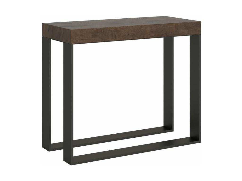 PINPAI extendable console table in wood with 2 anthracite steel legs, 90x40-196 or 90x40-300 cm, brown, with 4-leg support and 3 thick extensions, SOZJ12548