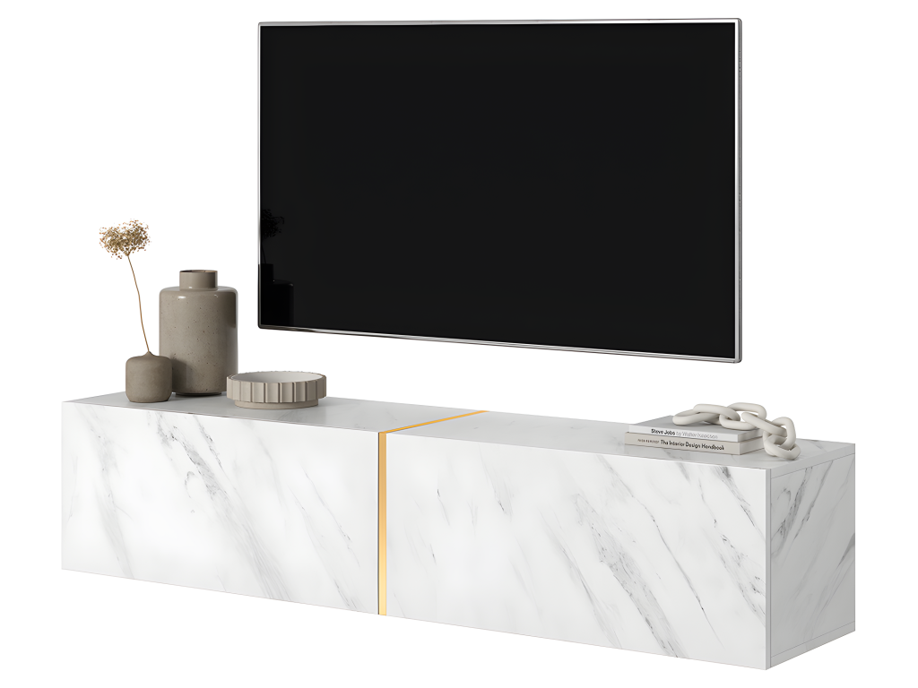 140cm TV stand - in white marble with gold insert - Luxameub IAFM13611