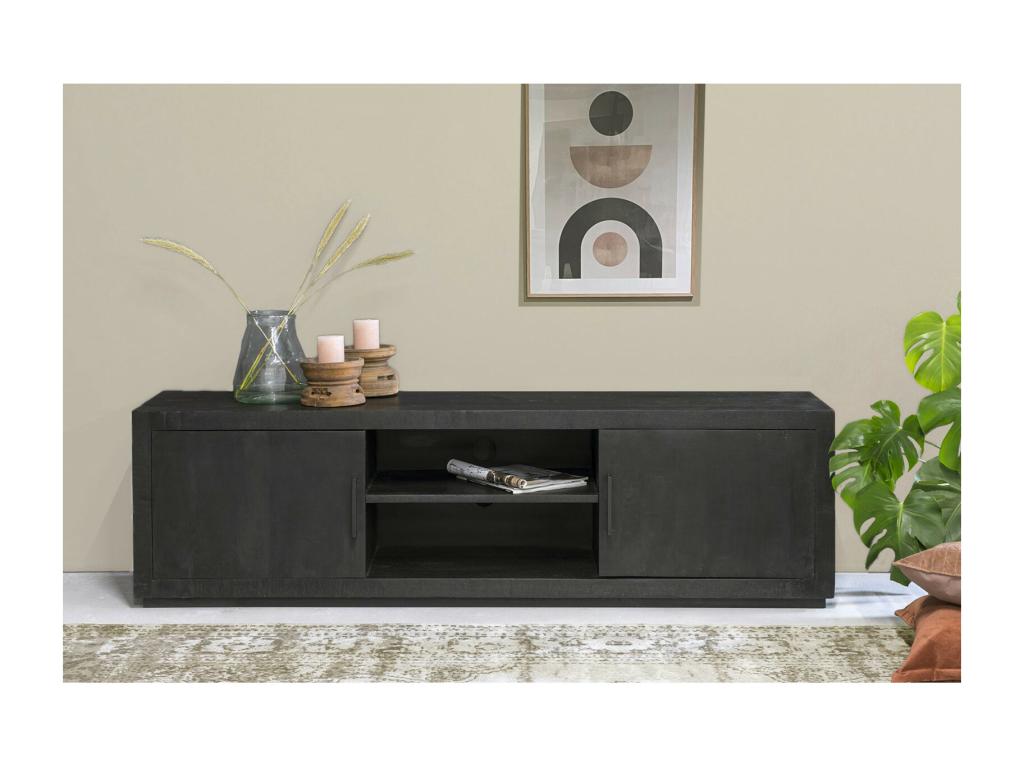 Luxameub TV stand with 2 doors, 180cm wide, in solid black mango wood QLIF45243