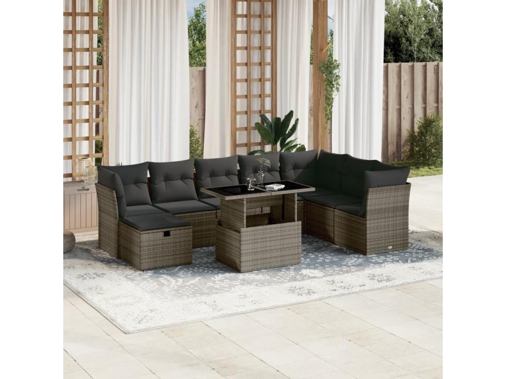 9-piece garden furniture set with grey resin wicker cushions PUWG86981