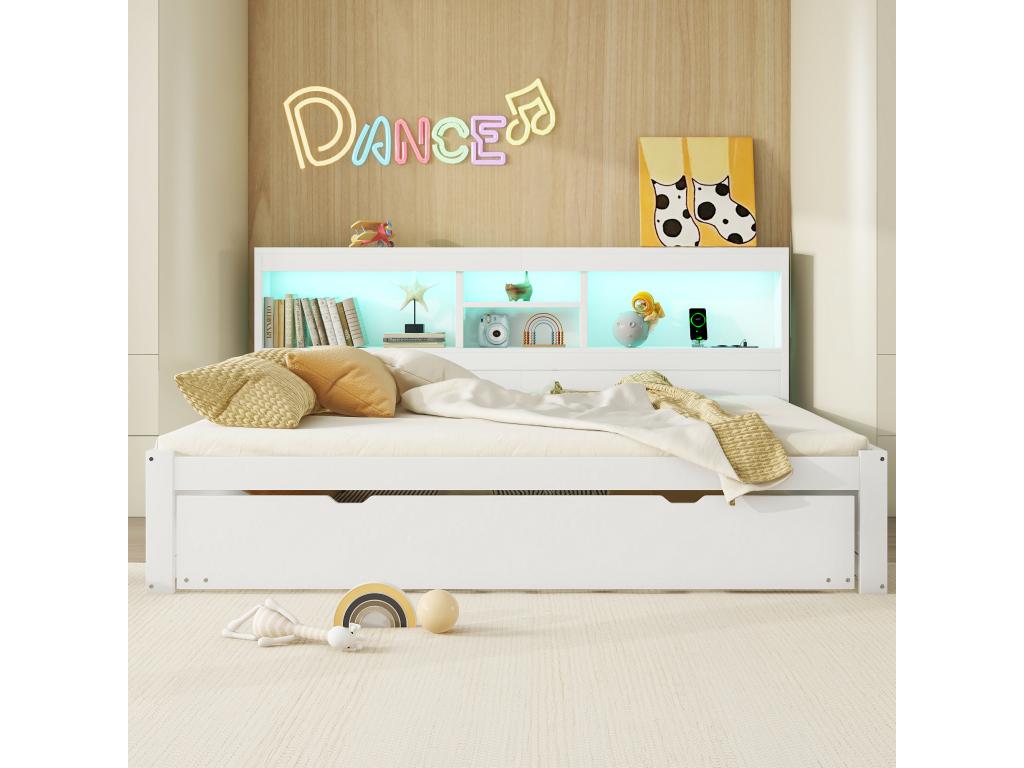 Daybed 140x200cm with a pull-out bed 90x190cm - storage bedside table with LED and sockets - White PDFY20384