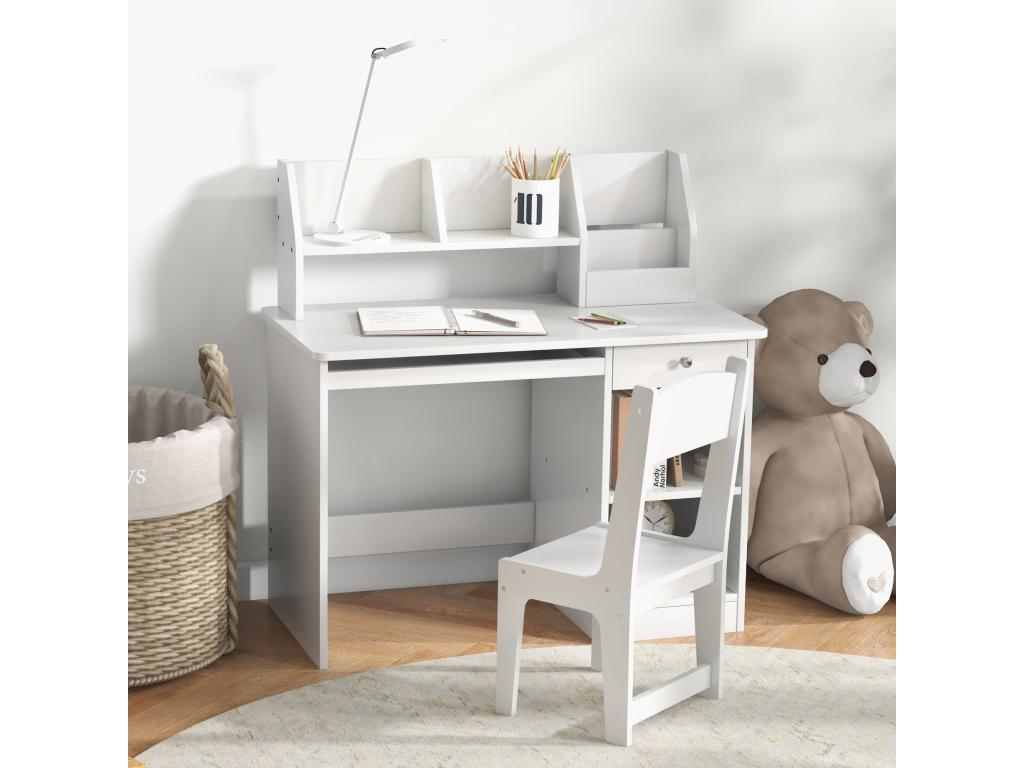 Children's desk with multiple storage options - desk, chair, and shelf set - drawer, sliding top, 2 niches, 2 shelves, 2 book displays - white SFPF67238
