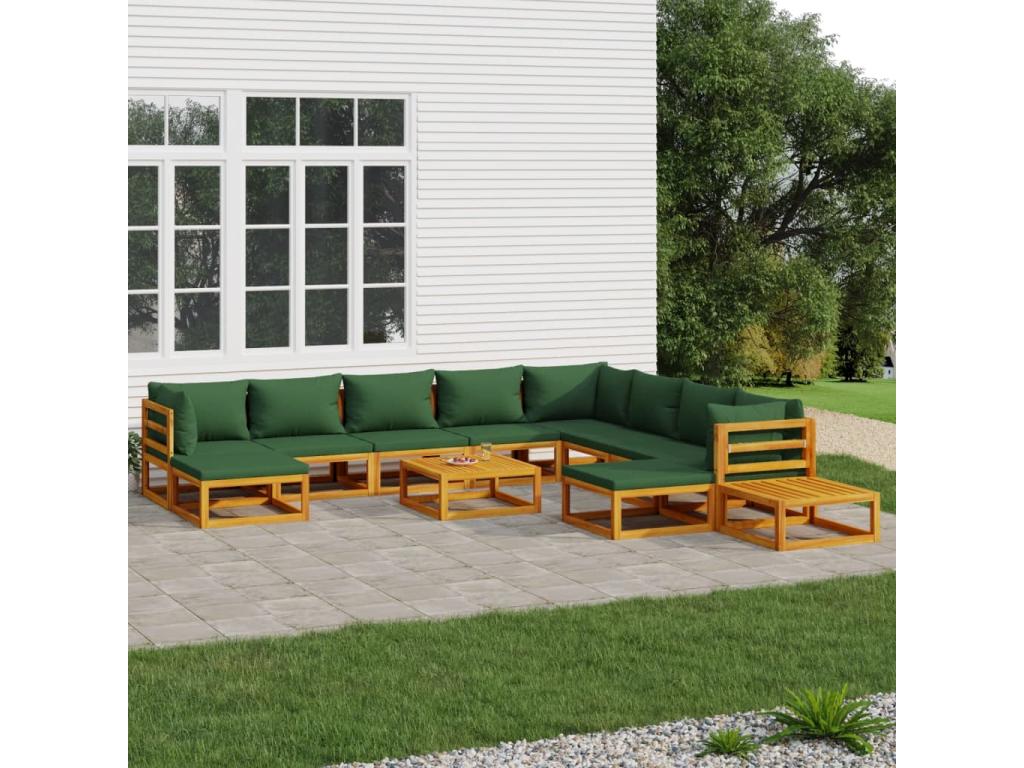 12-piece garden furniture set with cushions, green solid wood FULO92864