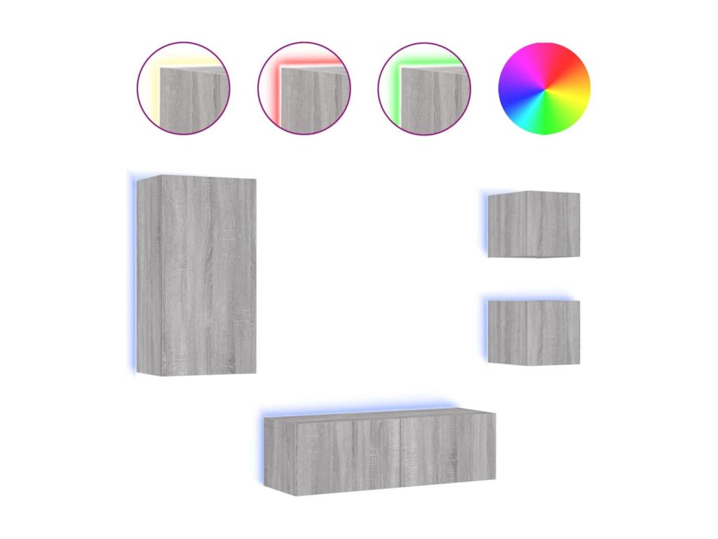 4-piece wall-mounted TV unit with Luxameubères LED lighting, grey, IDXH78450