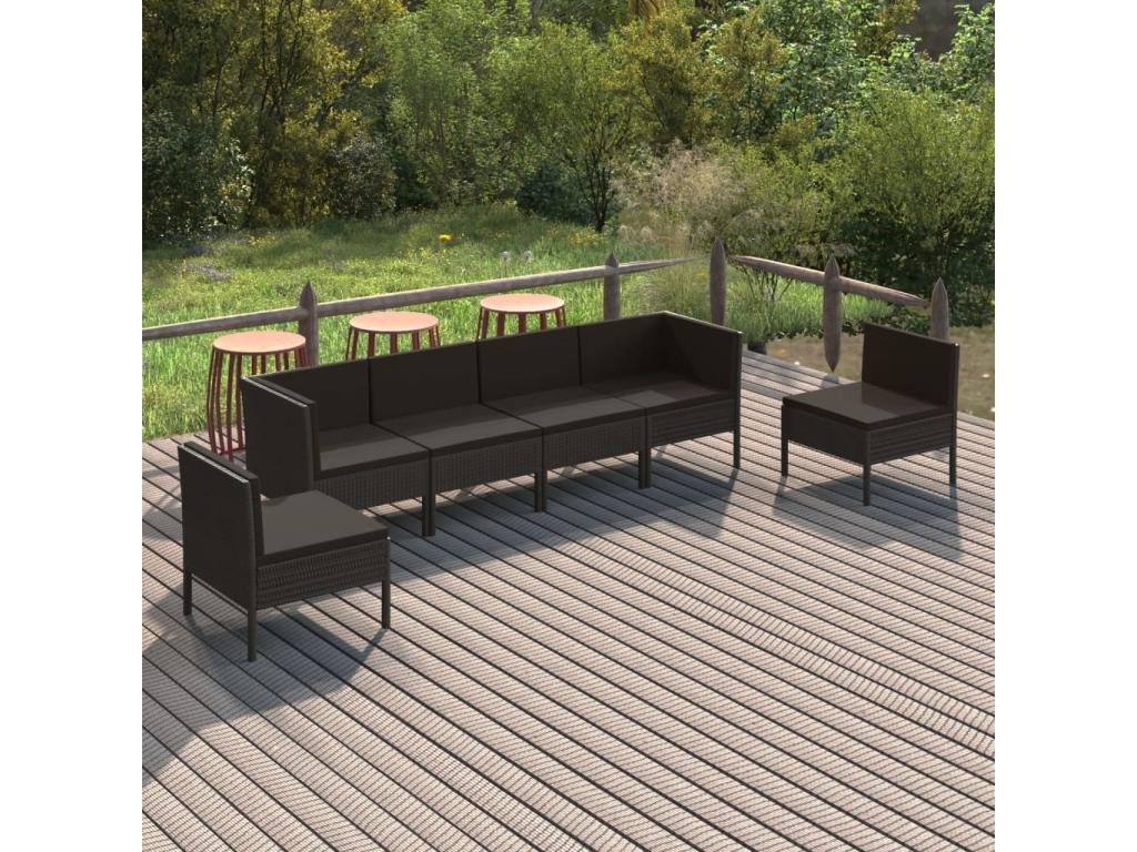 6-piece garden furniture set with cushions, black woven resin, 64 INMQ96043
