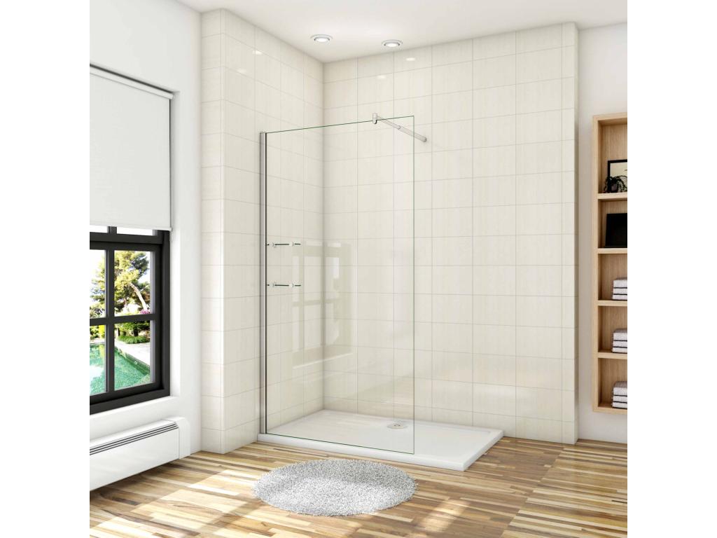 Walk-in shower enclosure 140x190cm with shelves and 70-120cm cylindrical support bar in 8mm anti-limescale glass KUVM09021