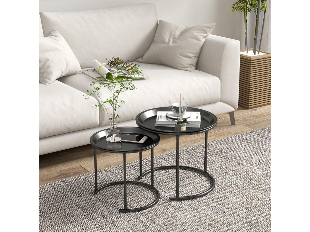 Set of 2 round nesting coffee tables, contemporary design, stackable, removable tops, black steel RMAZ45949