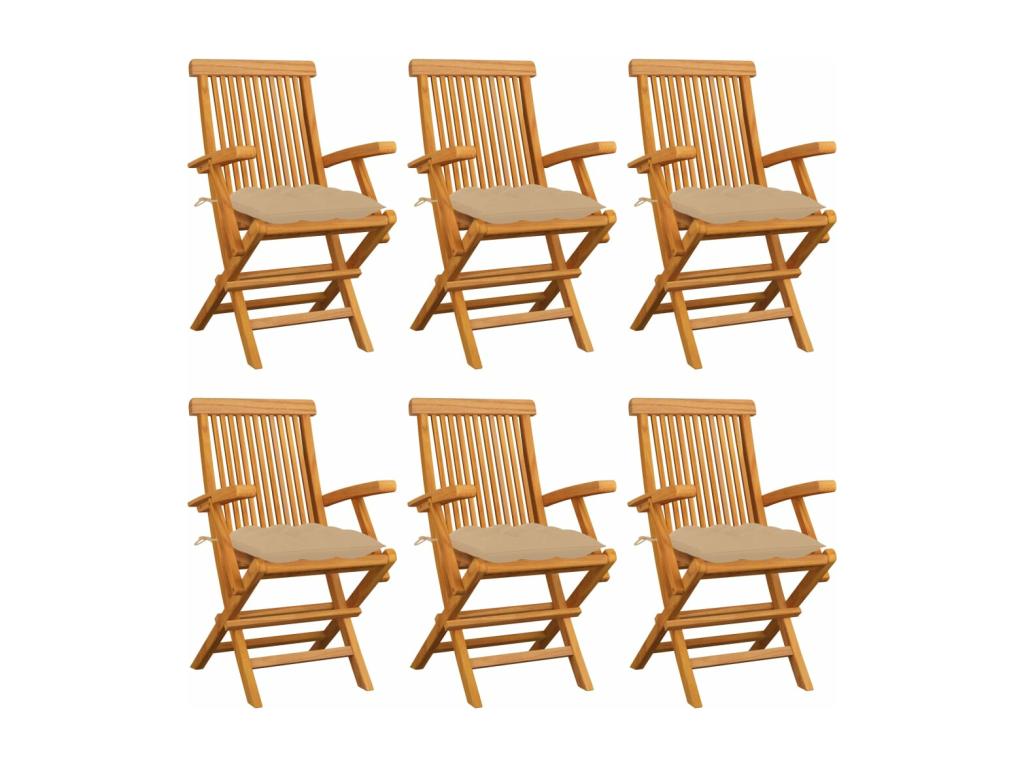 Garden chairs with beige cushions, set of 6, solid teak wood, GIKX64443