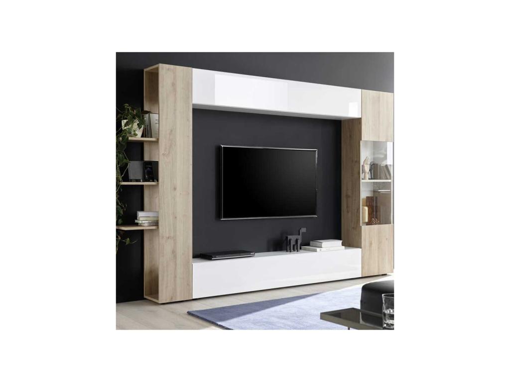 3-Door TV Unit in Glossy White/Natural Oak - Luxameub EEBQ27834