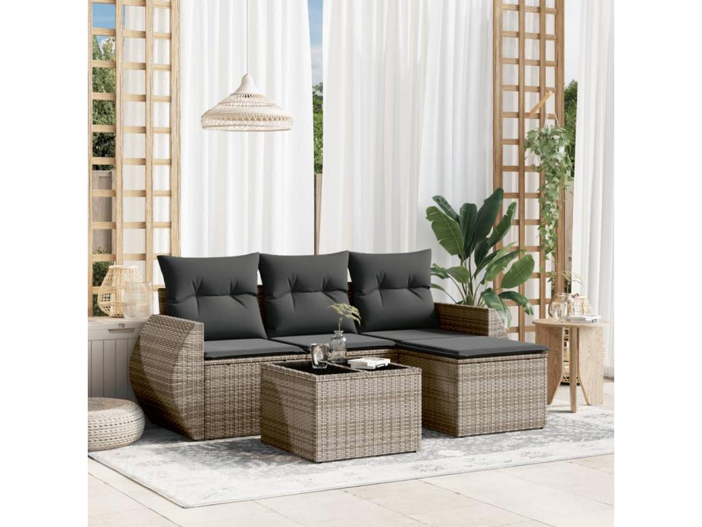 5-piece garden furniture set with grey resin wicker cushions HCDI55777