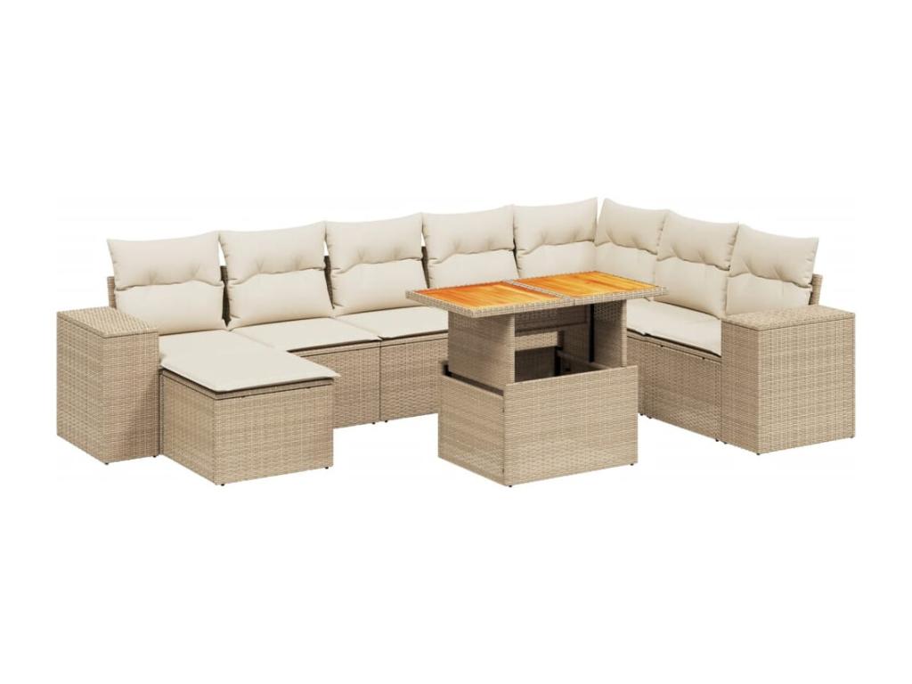 9-piece garden furniture set with cushions, beige woven resin XKEW41268