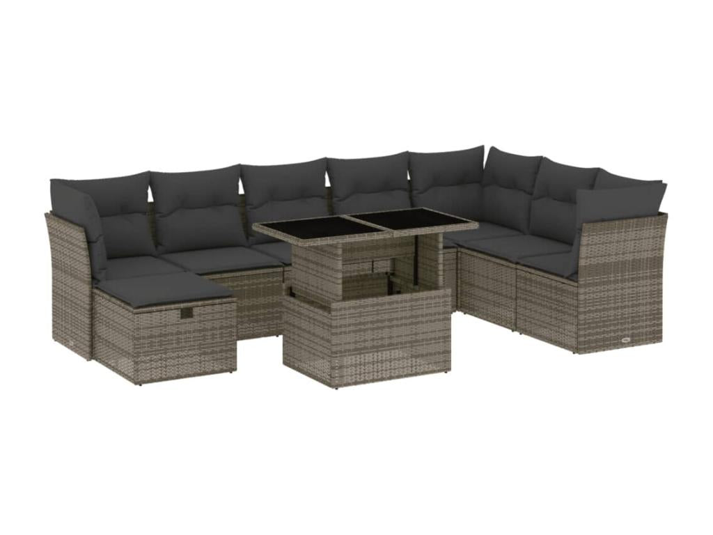 9-piece garden furniture set with grey resin wicker cushions PUWG86981