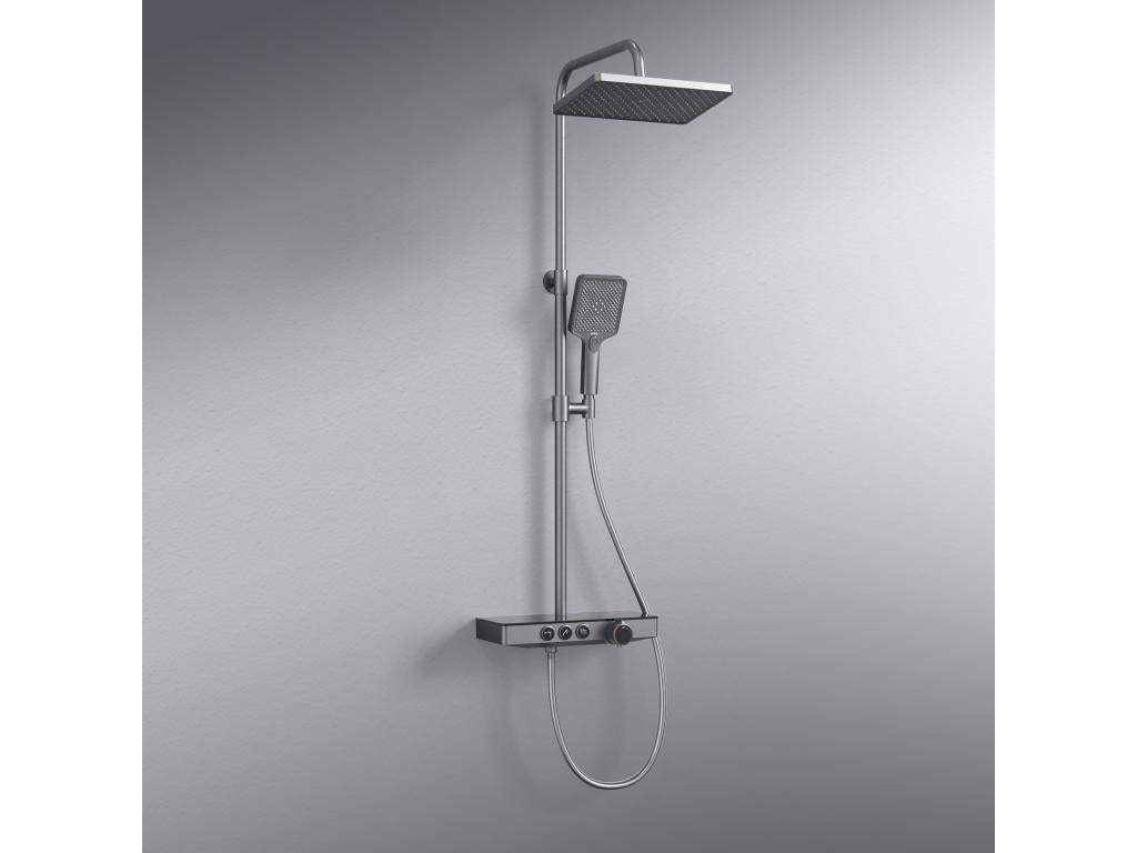 Luxameub Thermostatic Shower Column 36x14 cm with Glass Shelves, 3 Rain Shower Jet Options, Metallic Grey UNJT36663