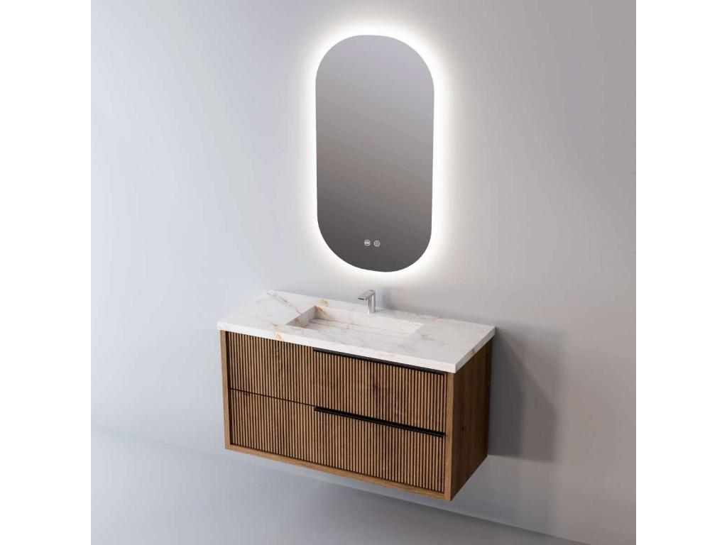 Bathroom vanity unit with white porcelain stoneware basin, Storm finish, 2 dark oak drawers, black handles, 100cm wide x 54cm high x 45cm deep, 3D effect, PINPAI YMLS19642