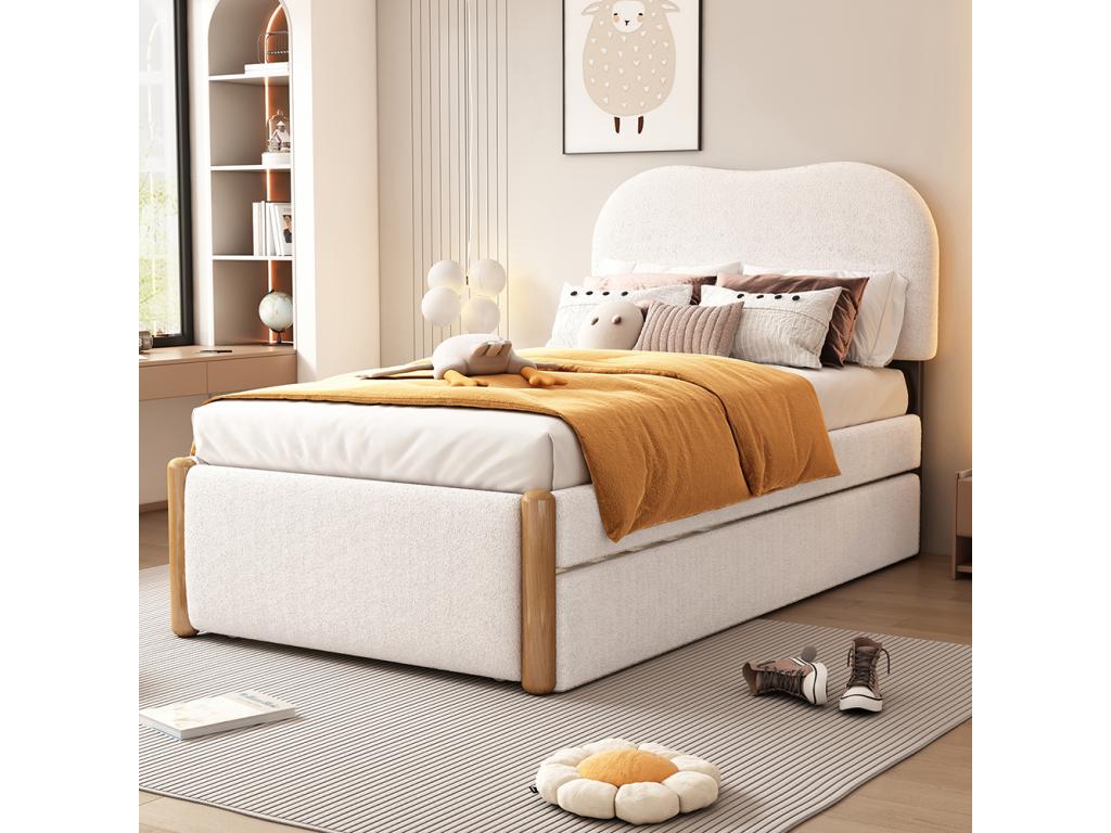 Children's bed, single bed 90x200 cm, upholstered bed with practical pull-out bed, white fabric SWXD56654