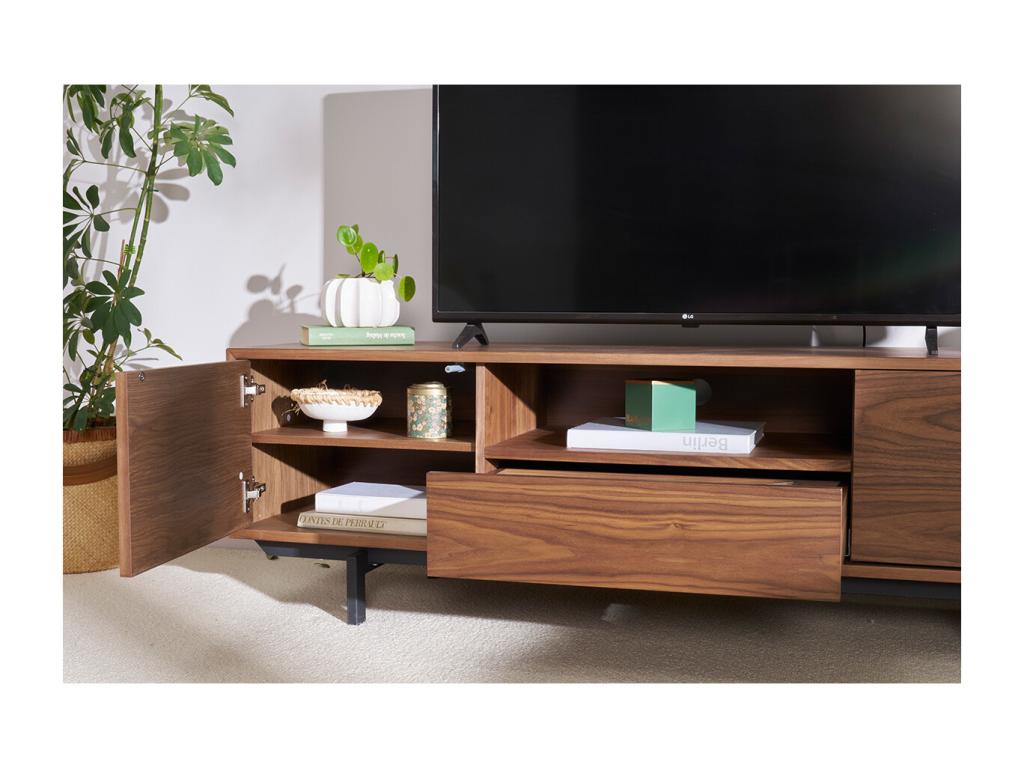Vintage TV stand in dark wood with open niche, 160 cm wide, Luxameub GUSB99087