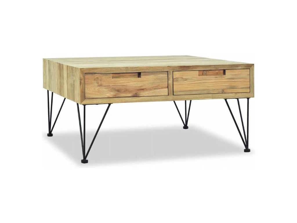 Cosymeub PGVI40675 Coffee Table with 2 Drawers, Solid Light Teak and Black Metal Legs