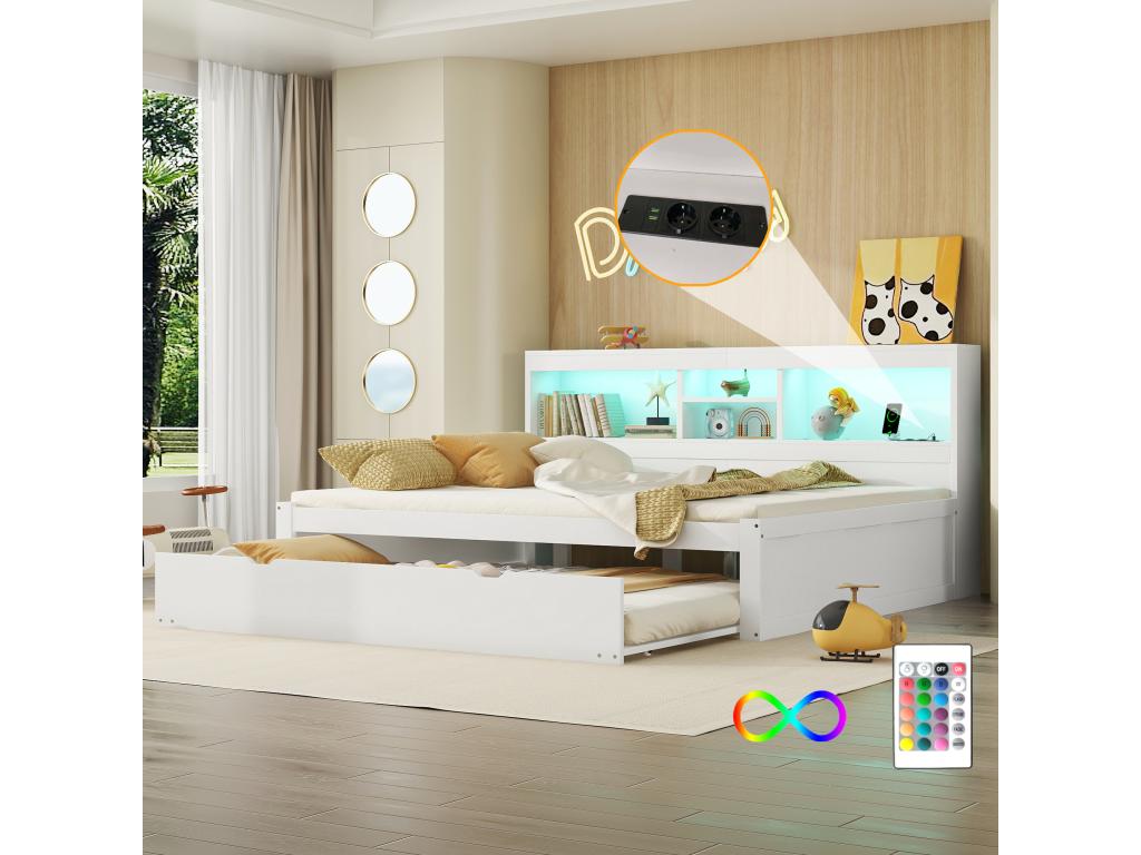 Daybed 140x200cm with a pull-out bed 90x190cm - storage bedside table with LED and sockets - White PDFY20384
