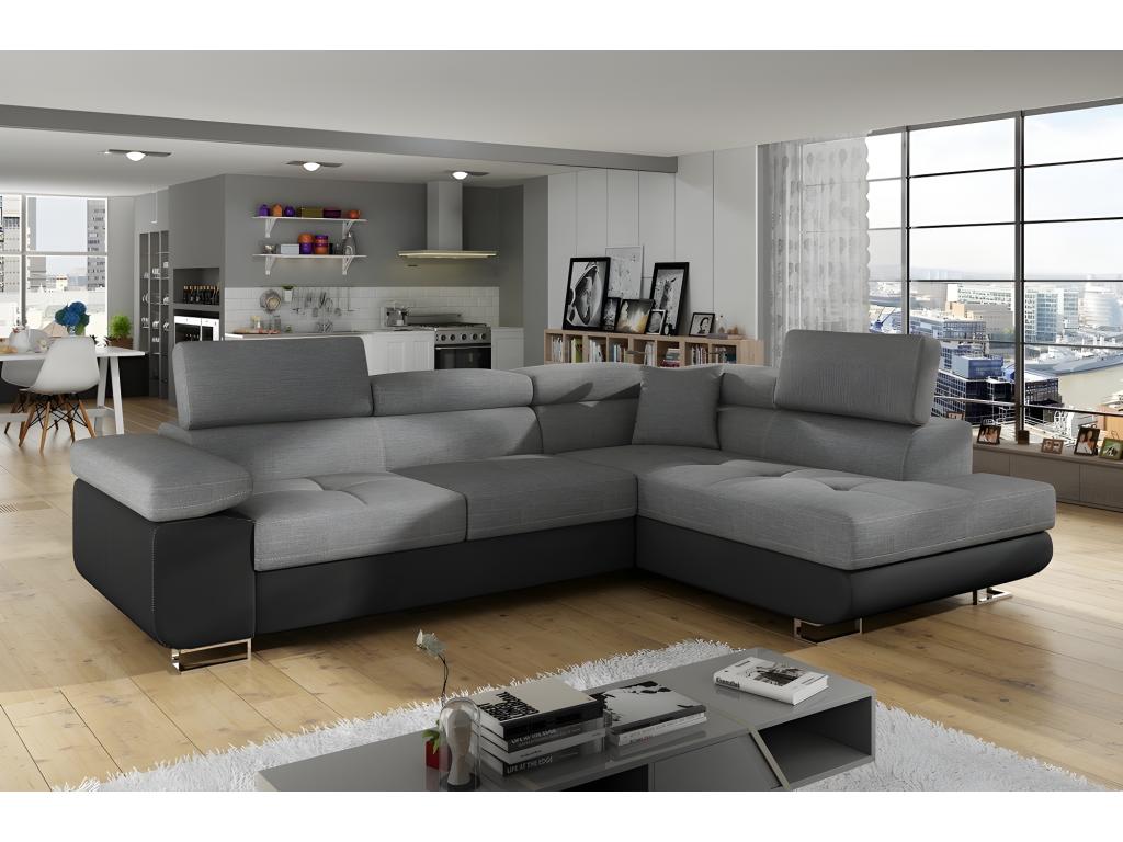 Luxury fabric and faux leather 5-seater corner sofa bed with storage, grey/black, right-hand corner, front view, Cosymeub MIX HGRC50459