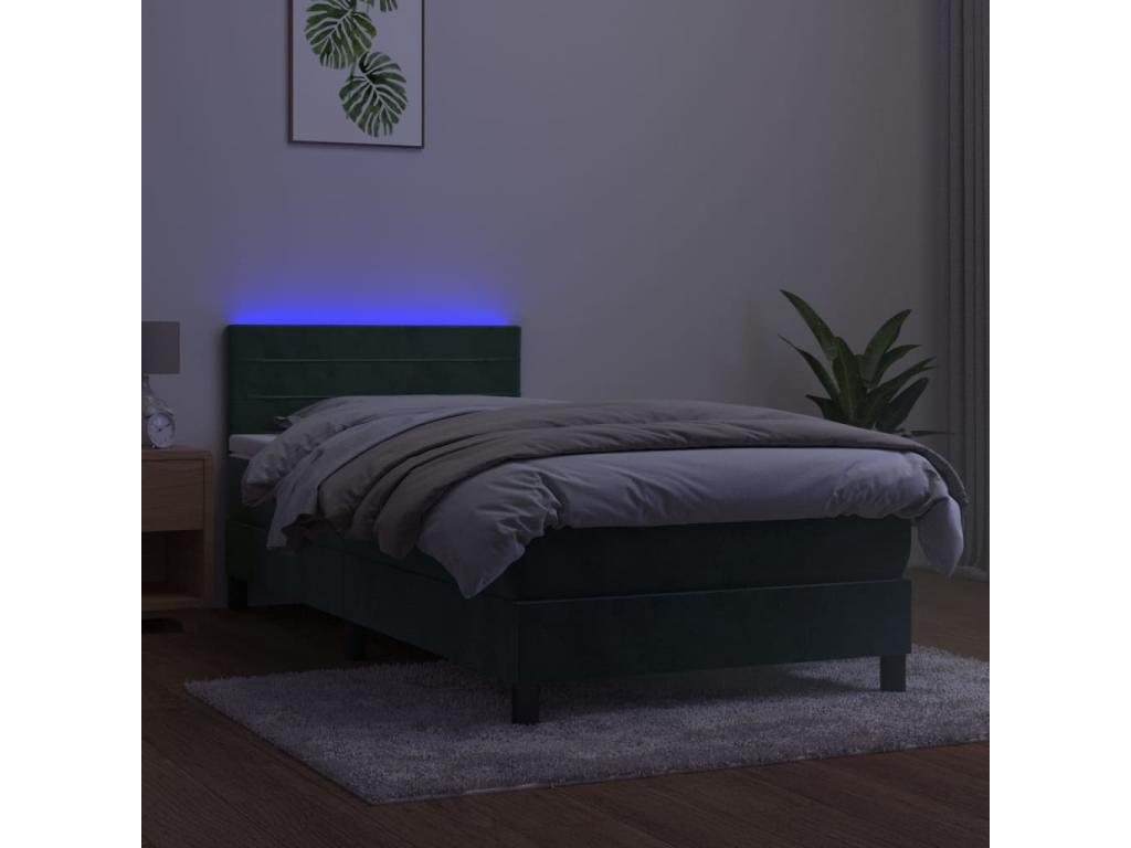 Upholstered bed base and mattress with LED lighting, dark green, 90x200cm, velvet, BWGW01496