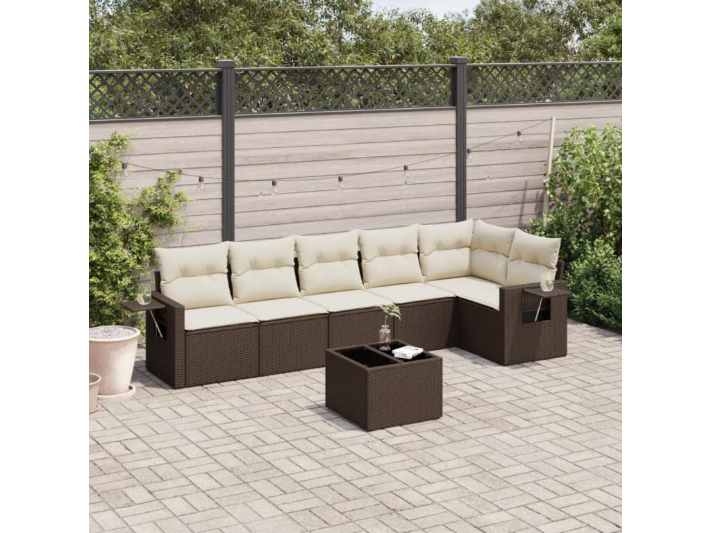 7-piece garden furniture set with cushions, brown woven resin TKSG19548