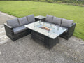 PE Rattan Garden Dining Furniture with Sofa, Side Table, Gas Fireplace Table, MéLuxameub Dark Grey JQEZ39723