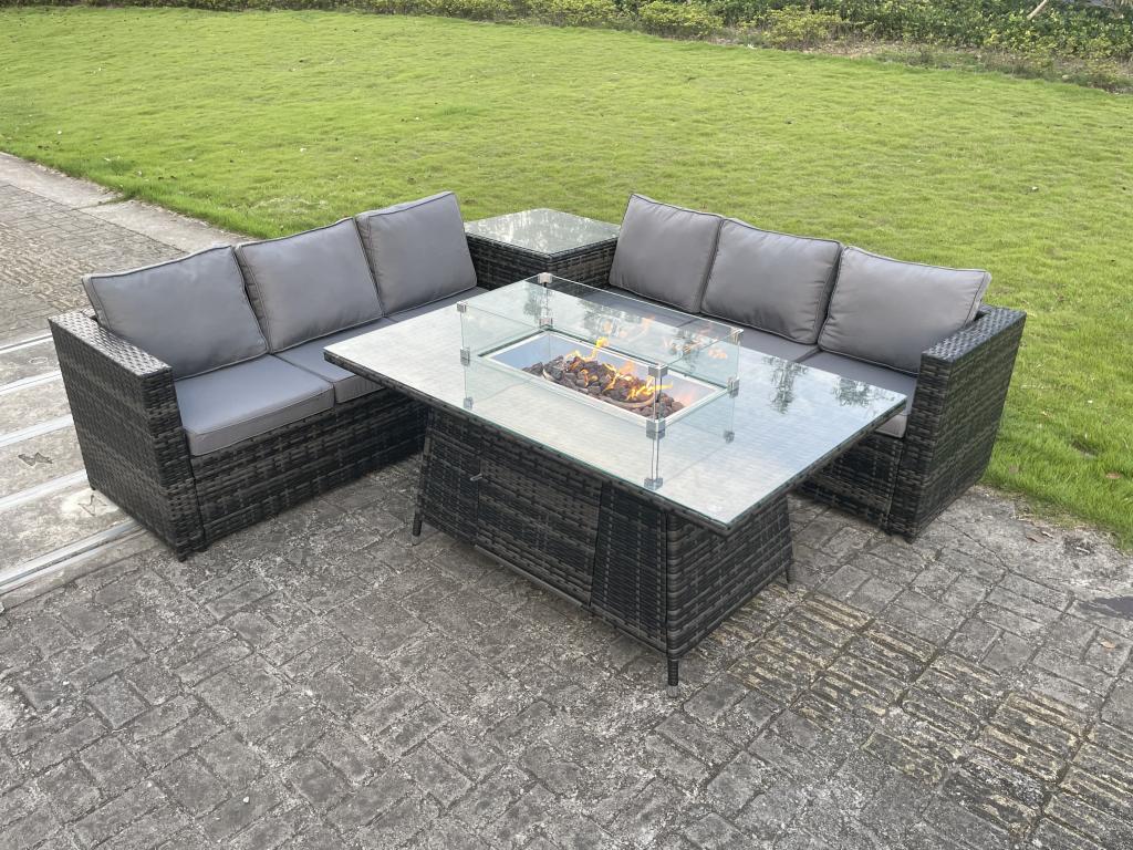 PE Rattan Garden Dining Furniture with Sofa, Side Table, Gas Fireplace Table, MéLuxameub Dark Grey JQEZ39723