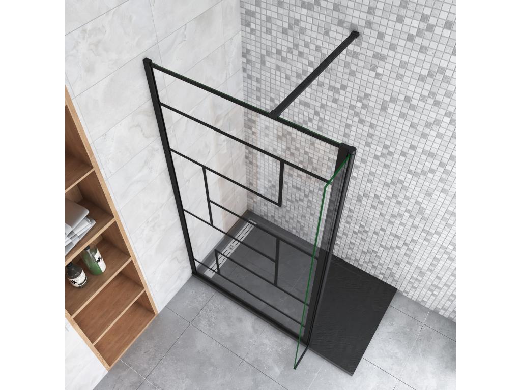 Walk-in shower screen 120 x 40 x 200 cm with pivoting return panel - Black - with 90 cm cuttable support bar SXLU70105