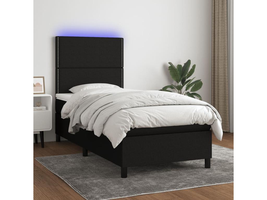 Upholstered bed base with mattress and LED lighting, black, 90x190 cm, fabric BNSY59335