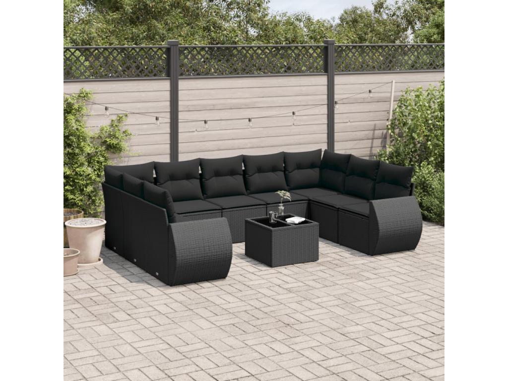 10-piece garden furniture set with cushions, black resin wicker VJQO35189