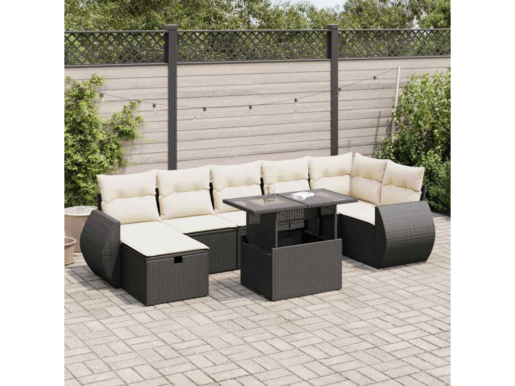 8-piece garden furniture set with cushions, black woven resin HKKE66943