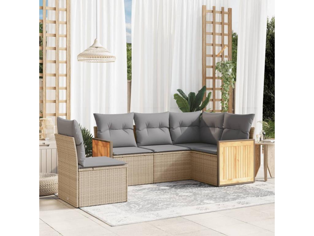 5-piece garden furniture set with cushions, beige woven resin BWNF68759