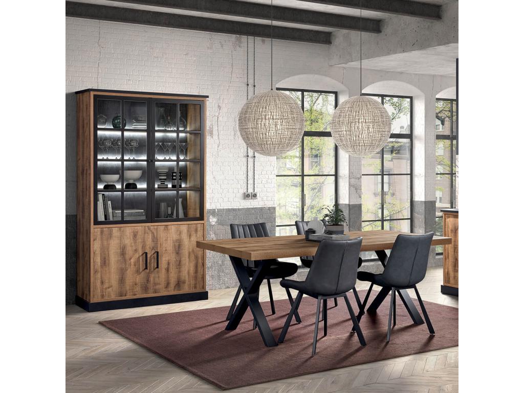 Luxameub - 230cm Table, Wood Look, Black Powder-Coated Metal X-Shaped Base ETCI56362