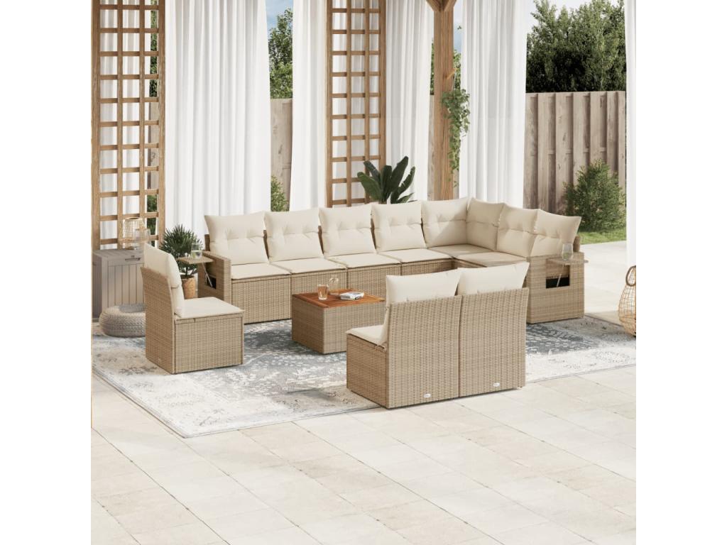 11-piece garden furniture set with beige resin wicker cushions QTEM31364