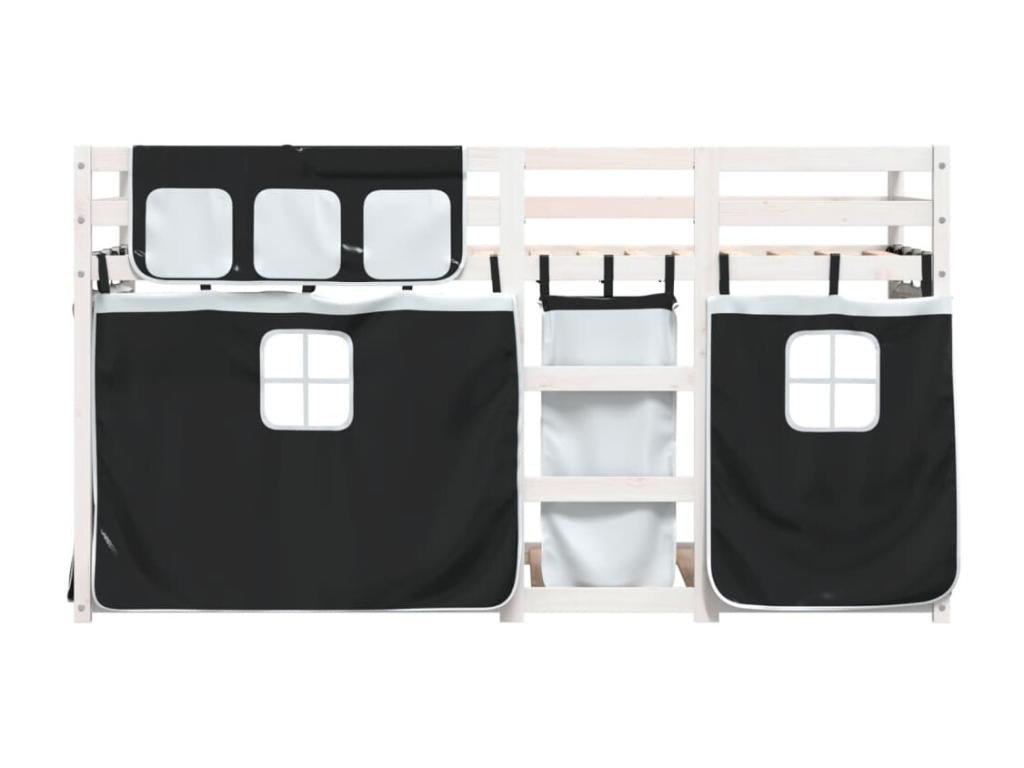 Bunk bed with black and white curtains, 90x190 cm, solid pine wood, BCXE98555