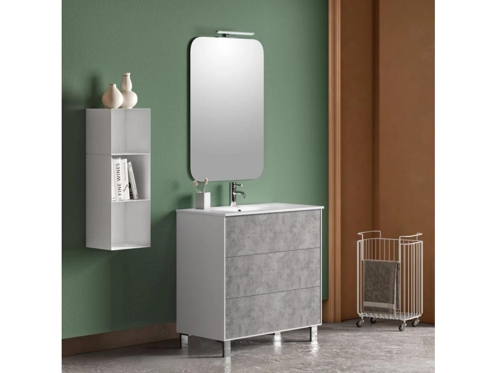 Bathroom vanity unit with 3 drawers in white lacquer and concrete effect, and illuminated mirror, Luxameub L 80cm HHOB83948