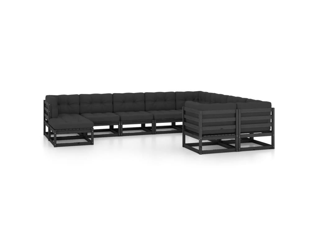 10-piece garden furniture set with cushions, black, solid pine wood, 26 CTFX66111