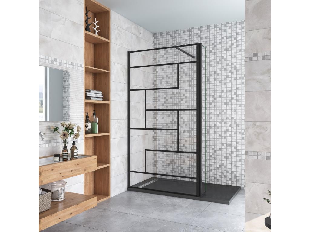 Walk-in shower screen 120 x 40 x 200 cm with pivoting return panel - Black - with 90 cm cuttable support bar SXLU70105