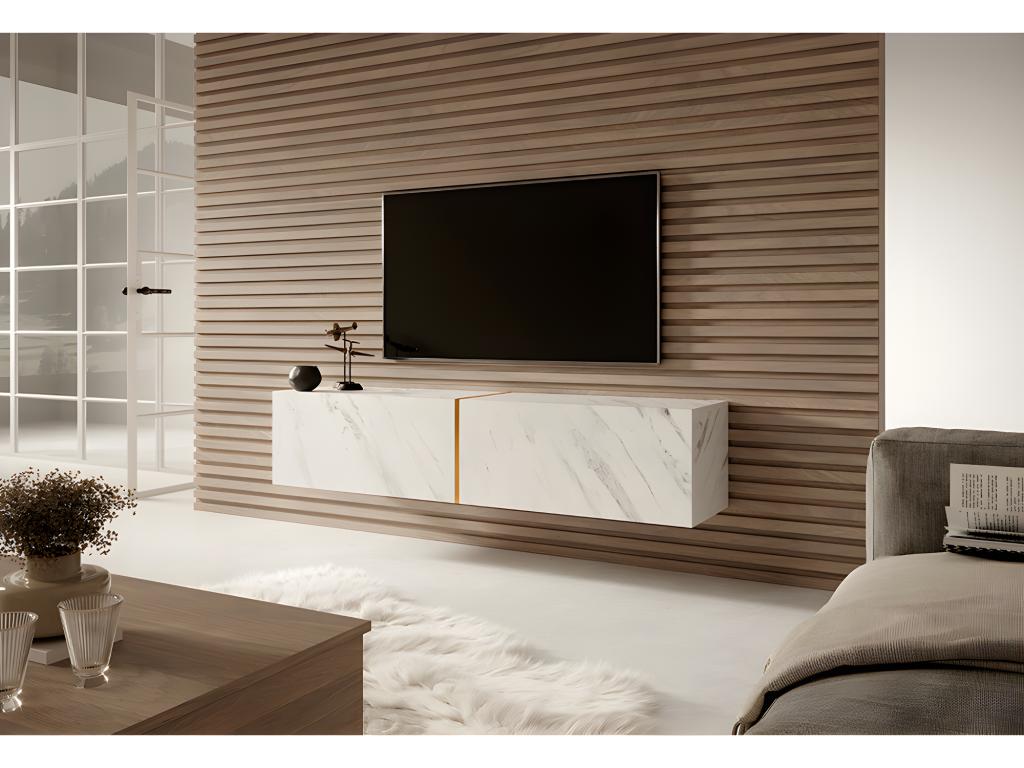 140cm TV stand - in white marble with gold insert - Luxameub IAFM13611