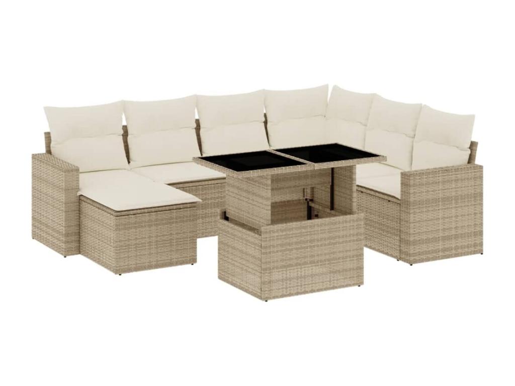 8-piece garden furniture set with cushions, beige woven resin, ULYD88785