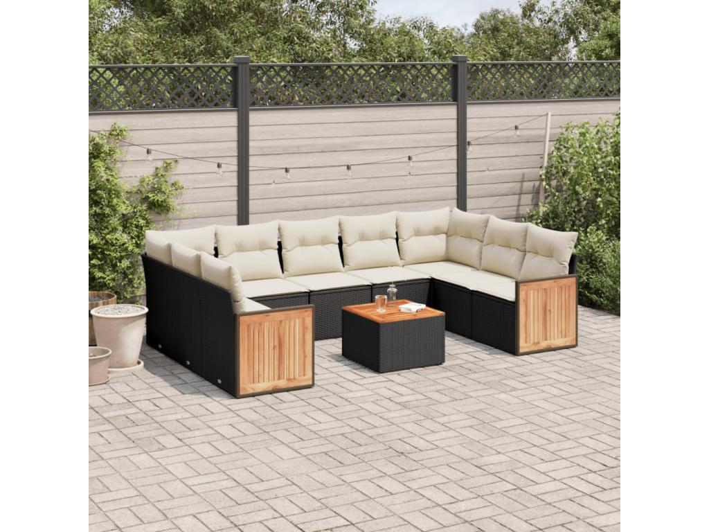 10-piece garden furniture set with cushions, black woven resin AWZR14448