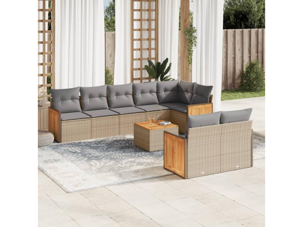 9-piece garden furniture set with cushions, beige woven resin HPKG53667