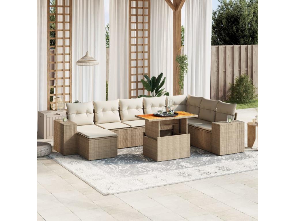 9-piece garden furniture set with cushions, beige woven resin XKEW41268