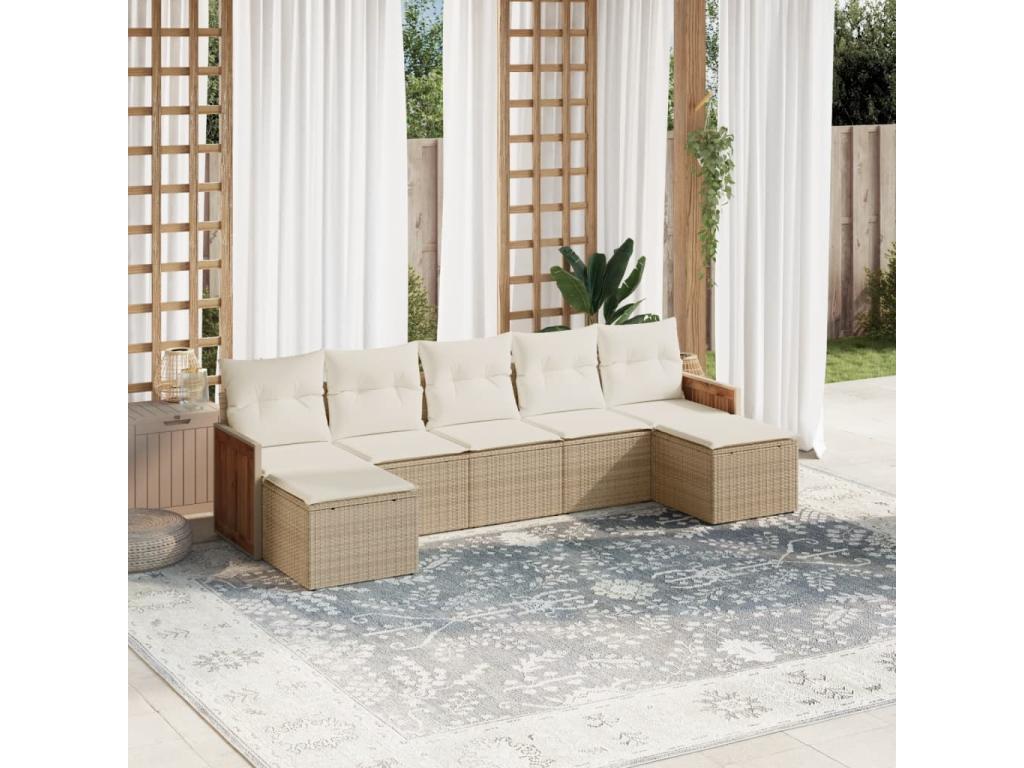 7-piece garden furniture set with cushions, beige woven resin WFBP47604