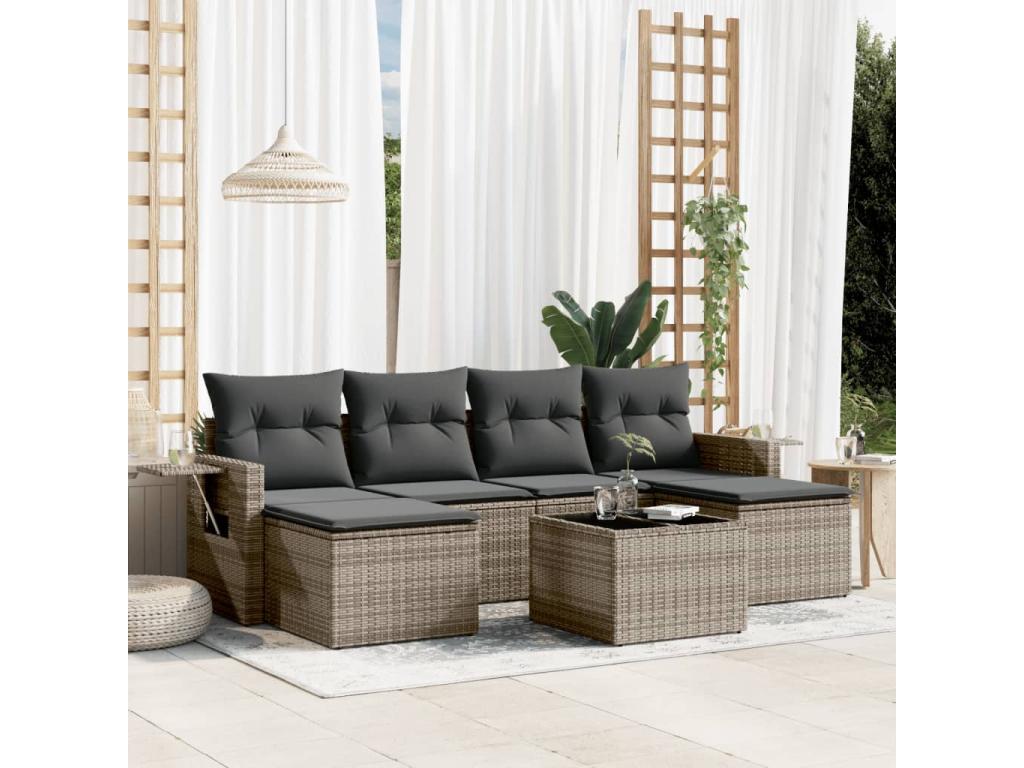 7-piece garden furniture set with cushions, grey woven resin FJFW90731