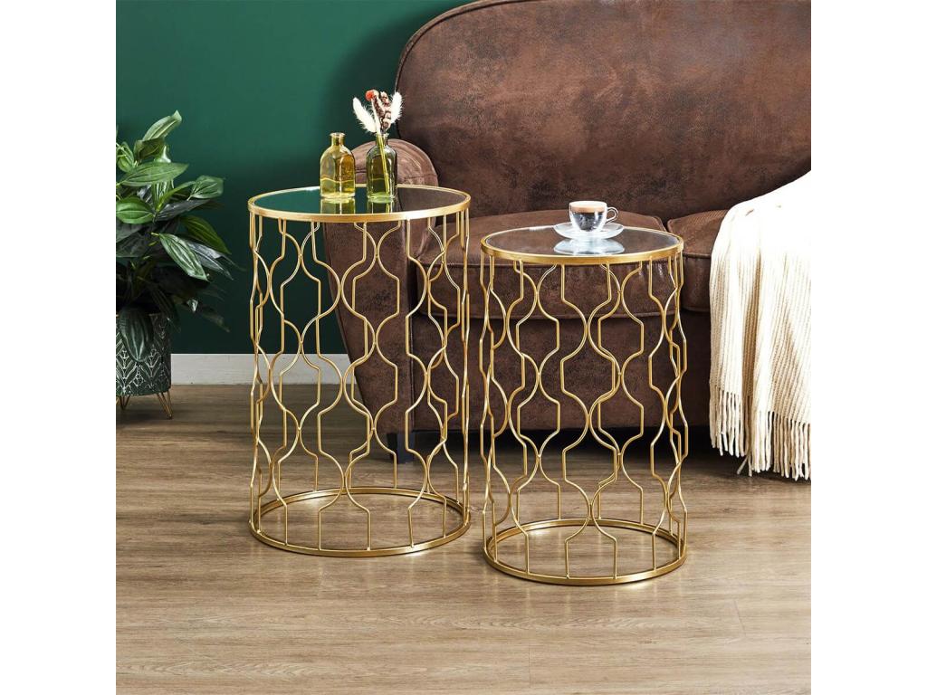 Cosymeub - Set of 2 Nesting Coffee Tables in Gold Metal with Glass Top DDAG84528